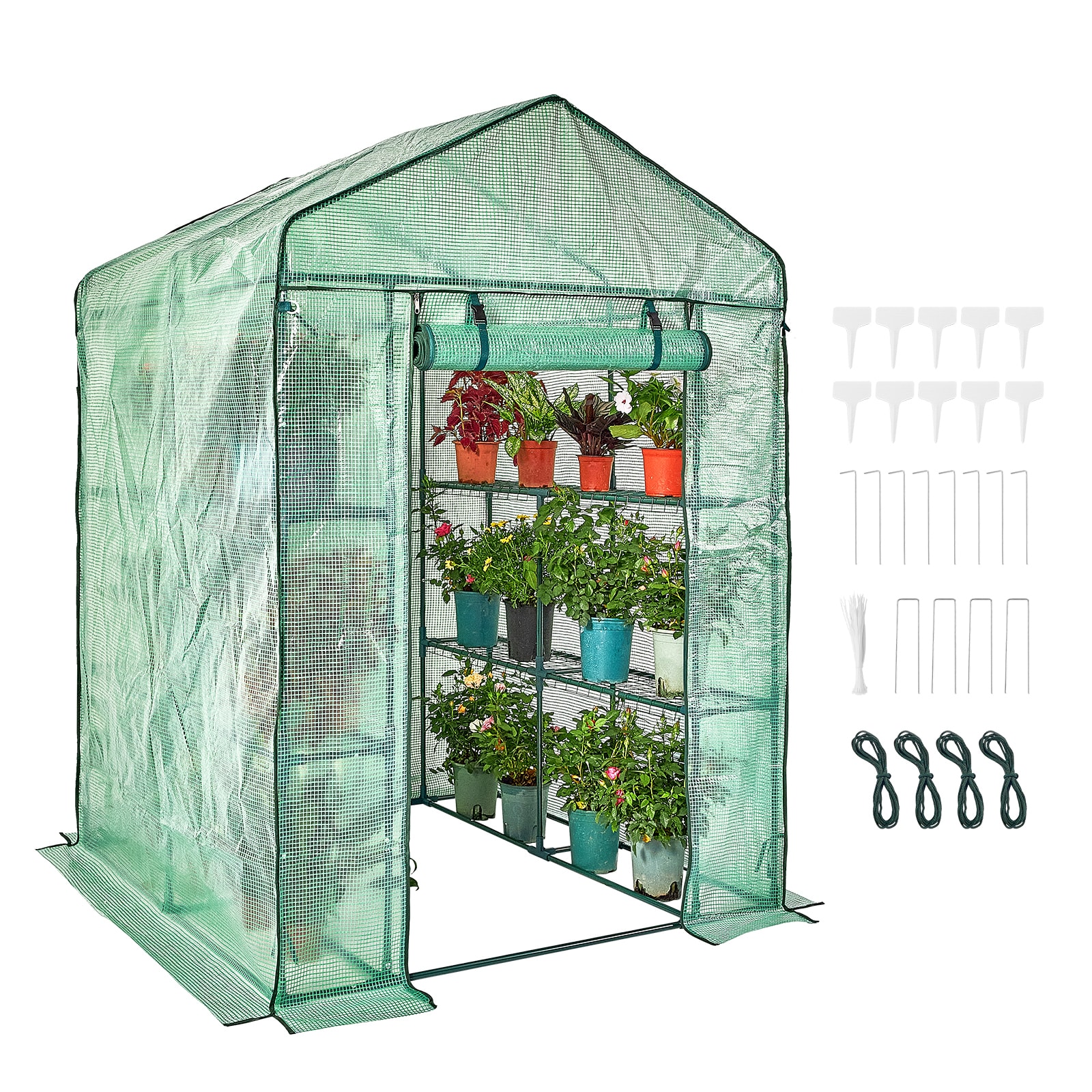 Walk-in Green House, 4.6 X 4.6 X 6.6 Ft , Greenhouse With Shelves, High Strength PE Cover With Zipper Door And Steel Frame, Assembly In Minutes, Suitable For Planting And Storage_maomaolike.com